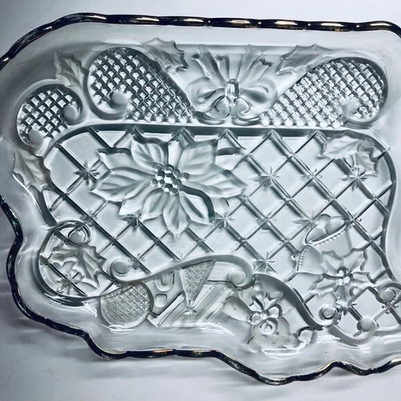 VINTAGE CHRISTMAS HOLLY SLED CLEAR GLASS SERVING DISH GOLD RIM 12.5 INCH - Picture 3 of 3